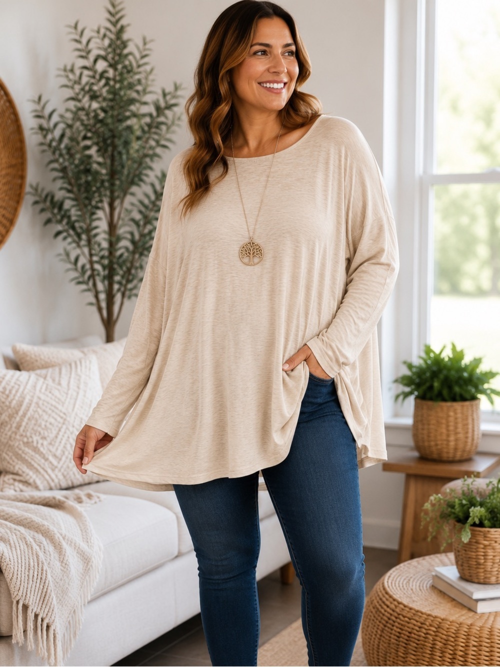 Azules XL Oatmeal Beige Oversized Tunic Top Long Sleeve Made in USA